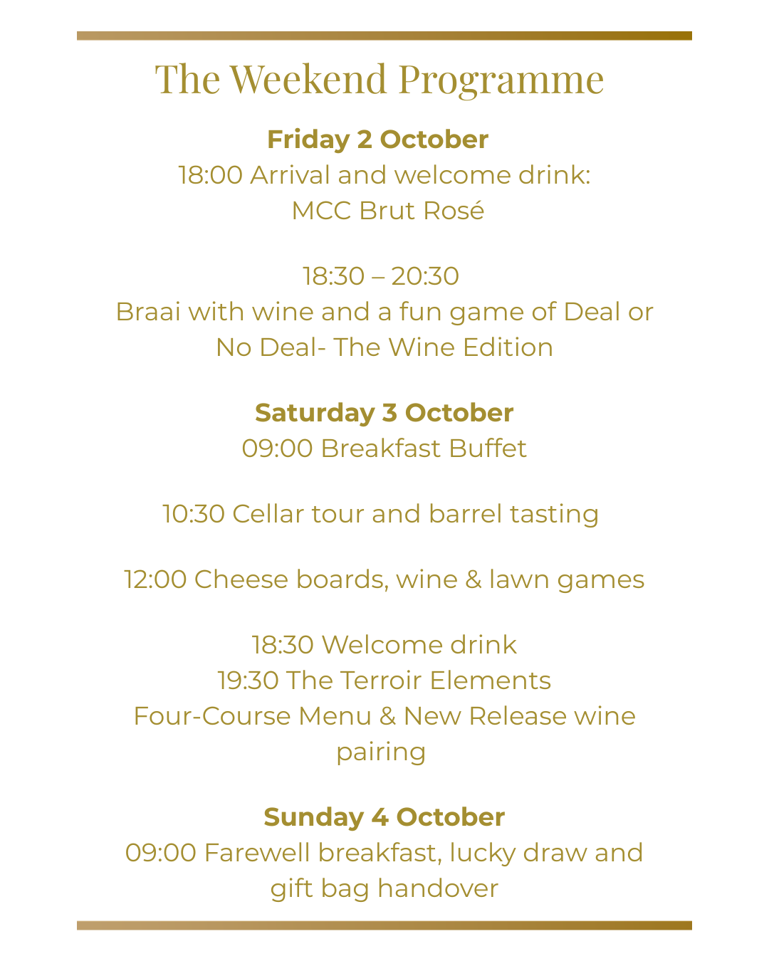 Founder's Wine Club Weekend programme schedule